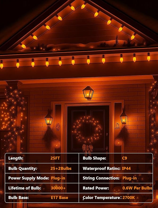 25FT LED Halloween Outdoor String Lights with 26 C9 Candle Shape Shatterproof Plastic Bulbs,2700K Waterproof Connectable Orange LED String Lights for Home Garden Halloween Christmas Fall Decor