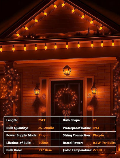 25FT LED Halloween Outdoor String Lights with 26 C9 Candle Shape Shatterproof Plastic Bulbs,2700K Waterproof Connectable Orange LED String Lights for Home Garden Halloween Christmas Fall Decor