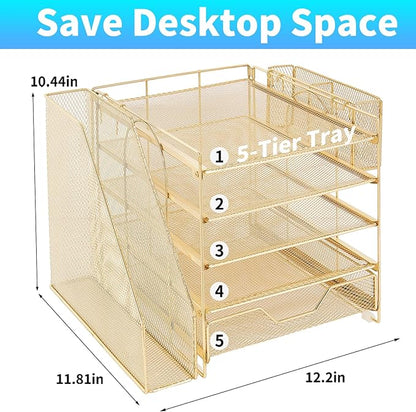 Desk Organizer, 5-Tier Paper Letter Tray Organizer with File Holder, Drawer and Pen Holder, Desktop Organizer for Office Supplies, Gold