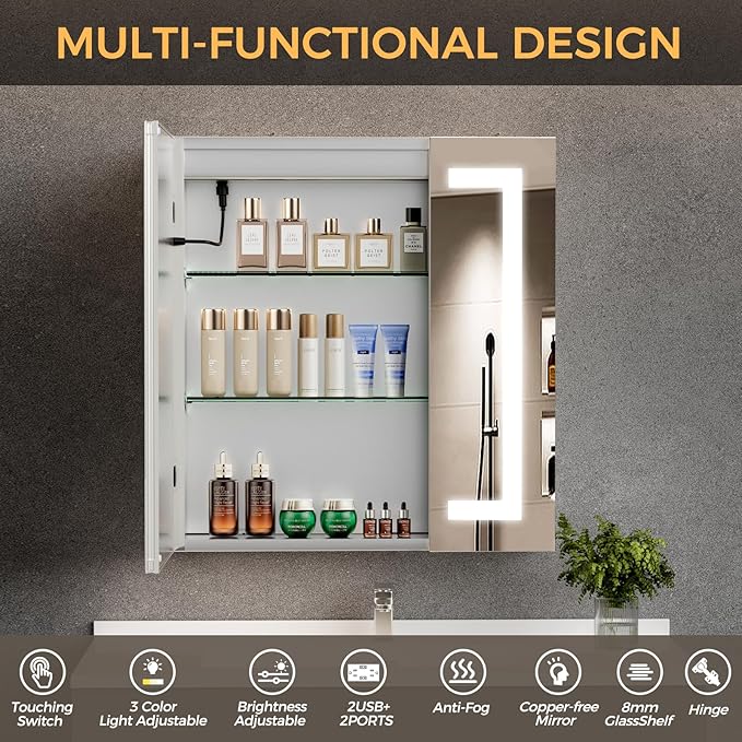 LED Bathroom Mirror 24 * 26 Stepless Dimmable Wall Mirrors with Anti-Fog, Shatter-Proof, Memory, 3 Colors, Memory Function, Water Proof, Decor Vanity Mirror