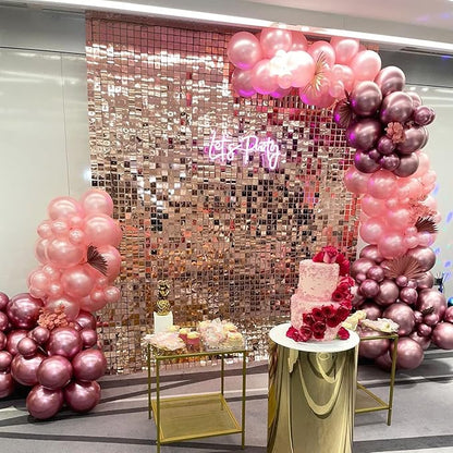 COKAOBE Rose Gold Shimmer Wall Backdrop, 24PCS Square Sequin Shimmer Backdrop Panels, Photo Backdrops for Birthday, Anniversary Wedding Engagement Decoration