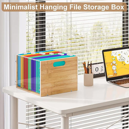 3 Pack Hanging File Organizer, Clear Acrylic File Box Organizer, Bamboo Filing Box File Crate Organizer Storage Boxes, Portable Filing Organizer with Handle for Letter Size