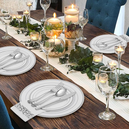 Goodluck 350 Piece Silver Dinnerware Set for 50 Guests, disposable Plastic Plates for Party, Include: 50 Dinner Plates, 50 Dessert Plates, 50 Paper Napkins, 50 Cups, 50 Silverware set