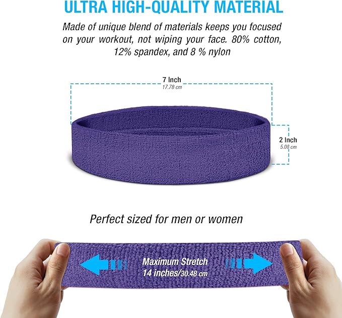 Suddora Workout Headband for Men and Women, Moisture-Wicking Athletic Sweatband, Lightweight Cotton Terry Cloth Bands for Basketball, Tennis, Football, Gym, Running, Cosplay & Costumes
