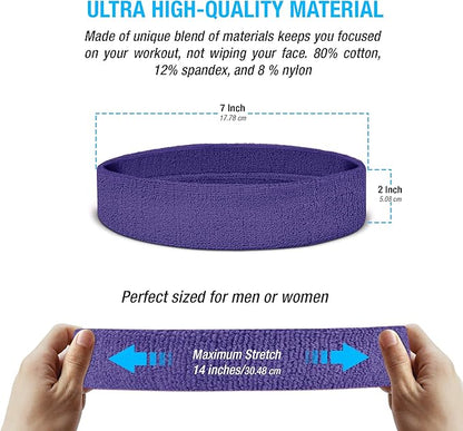 Suddora Workout Headband for Men and Women, Moisture-Wicking Athletic Sweatband, Lightweight Cotton Terry Cloth Bands for Basketball, Tennis, Football, Gym, Running, Cosplay & Costumes