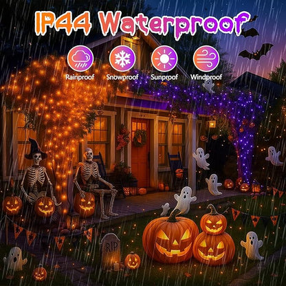 Upgraded Connectable 200 LED Halloween String Lights Outdoor Indoor, 11 Modes Orange to Purple Halloween Decorations Lights, Waterproof Twinkle Fairy Lights Plug in Clear Wire for Tree, Bedroom Decor