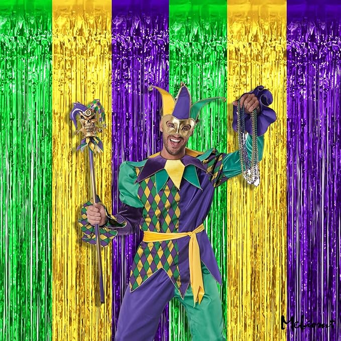 4 Pack 3.2Ft x 8.2Ft Mardi Gras Fringe Curtain Backdrop, Gold Green Purple Metallic Tinsel Foil Fringe Streamers Curtains Background for Photo Booth Birthday Wedding Carnival Party Decorations