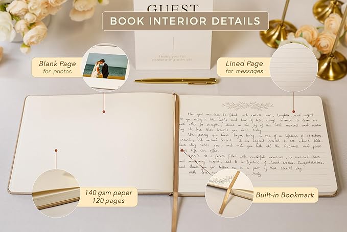 Floral Embossed Wedding Guest Book Set - 9 x 7.5 Hardcover Guestbook for Wedding Reception Sign in, Messages, Bridal Shower Engagement Party (Champagne Gold)