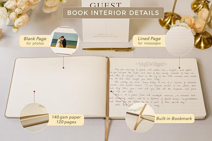 Floral Embossed Wedding Guest Book Set - 9 x 7.5 Hardcover Guestbook for Wedding Reception Sign in, Messages, Bridal Shower Engagement Party (Champagne Gold)