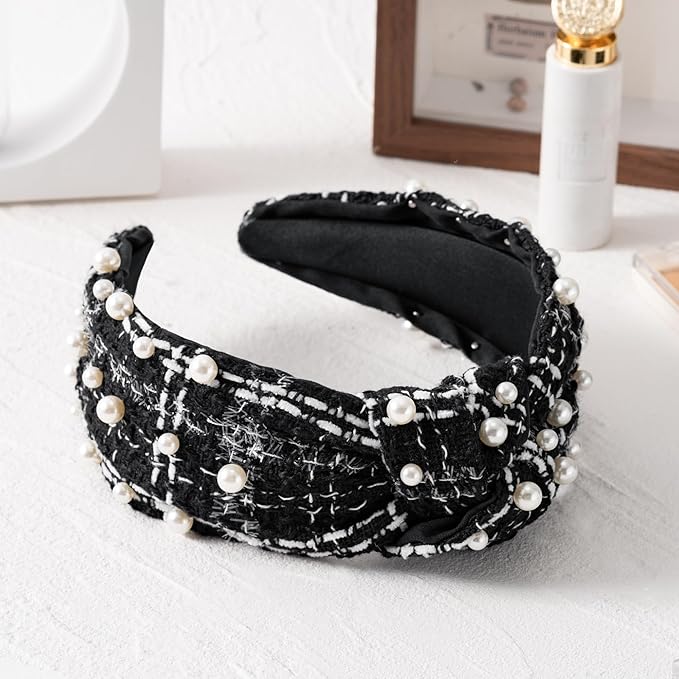PANTIDE Pearl Jeweled Knotted Headband - Classics Black White Buffalo Lattice Cropped Tweed Pearl Embellished Headband Wide Top Knot Hairband Accessories Birthday Gift for Women Girl (Black Plaid)