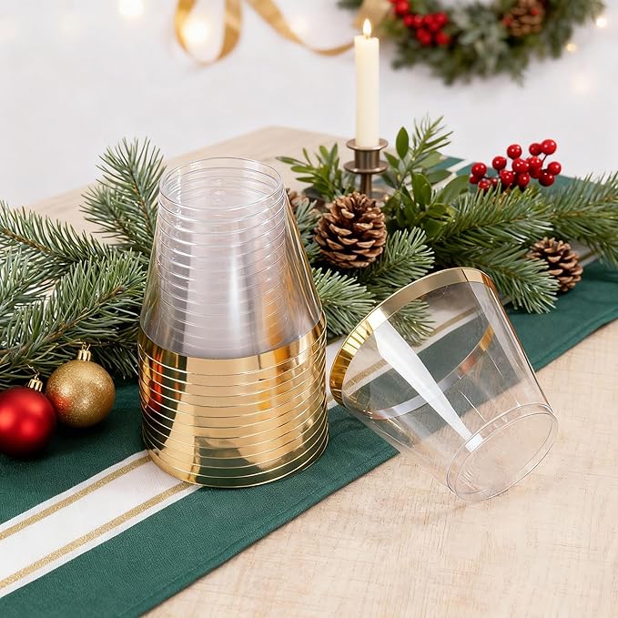 WELLIFE 200 PCS Gold Plastic Cups,9 oz Clear Plastic Cups,Disposable Wine Glasses,Plastic Cocktail Glasses for Party and Wedding