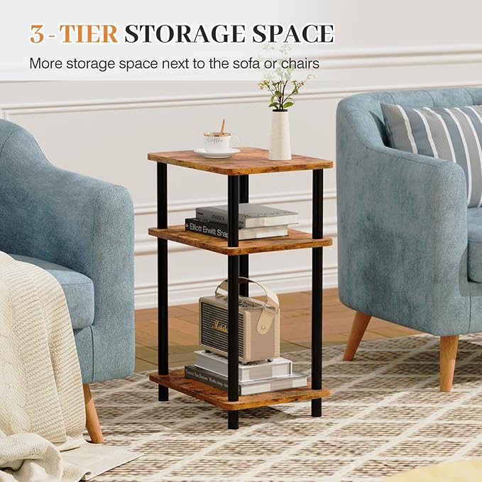 Apicizon 3 Tier End Table, Boho Side Table with Storage Shelf, Nightstand Bedside Table for Small Spaces, Bedroom, Living Room, Entryway, Farmhouse, Easy Assembly,Brown
