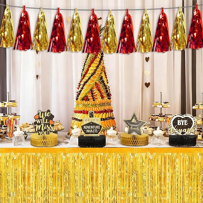 3P Red Gold Tassel Banner Garland Metallic Foil Fringe Banner Tinsel Tassels Streamer Banner Backdrop for Parade Floats Graduation Halloween, Christmas, Baby Bridal Shower Party Decorations