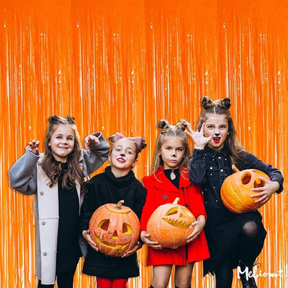 4 Pack Fringe Curtain Backdrop, 3.2Ft x 8.2Ft Macaron Orange Metallic Tinsel Foil Fringe Streamers Background for Photo Booth Birthday Wedding Baby Shower Carnival Easter Mother’s Day Party Decoration