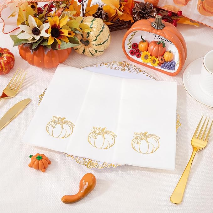 50PCS Thanksgiving Pumpkin Napkins - Heavy Duty Fall Pumpkin Paper Napkins - Thanksgiving Disposable Hand Towels for Friendsgiving Table Decor Party Supplies