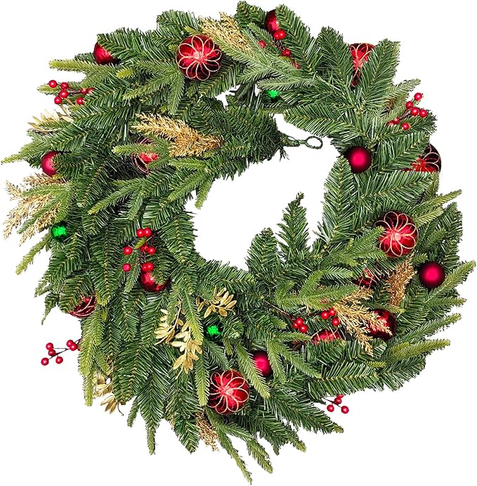 9 FT Pre-lit LED Christmas Garland with 20 Red Balls, Multi-Function Christmas Garland with 50 Warm White LED Lights for Mantle Fireplace Staircase Porch Decor