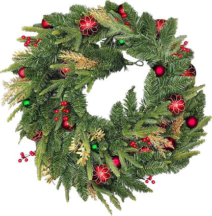 9 FT Pre-lit LED Christmas Garland with 20 Red Balls, Multi-Function Christmas Garland with 50 Warm White LED Lights for Mantle Fireplace Staircase Porch Decor