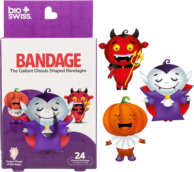BioSwiss Kids Bandages, Halloween Ghouls Shaped Self Adhesive Bandage Set, Latex Free, Sterile Wound Care, 24 Count