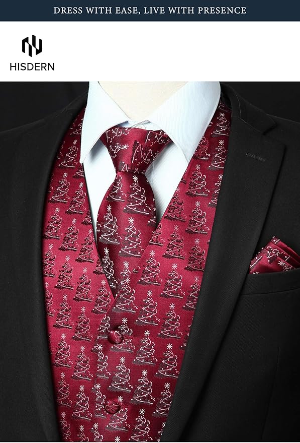 HISDERN Men's Suit Vest Christmas Holiday Season Party Jacquard Waistcoats Necktie Pocket Square Vest Suit Set