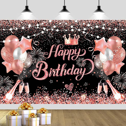 YinQin 180x120 cm Glitter Rose Golden Happy Birthday Party Backdrops Cloth 71x47 inch Pink Golden Bday Photography Backgrounds Black Rose Gold Happy Birthday Sign Banner Decorations for Girl Women