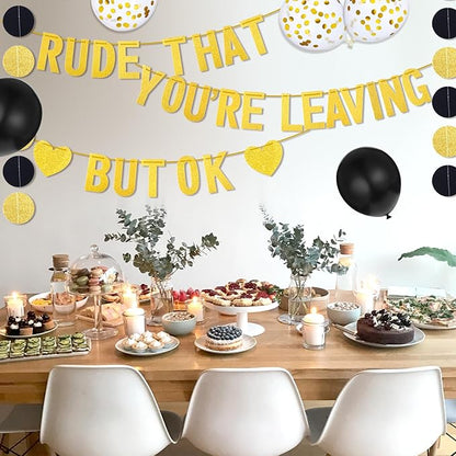 Rude That You're Leaving But OK Banner, Going Away Party Decorations, Funny Farewell Party Decorations Set with Black and Gold Glitter Perfect for Office Coworker Goodbye Party Decoration