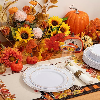 U-QE 100PCS Gold Thanksgiving Plates Disposable - Heavy Duty White and Gold Plates Including 50PCS 10'' Dinner & 50PCS 7.5'' Dessert Plates Perfect for Upscale Party, Wedding