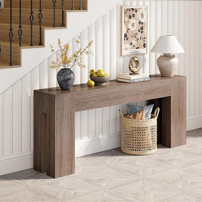 Extra Long Sofa Console Table for Entryway Living Room, 79-Inch Farmhouse Wood Behind Couch Table, Rectangular Accent Console with Wooden Double Base for Hallway Foyer Entrance, Light Brown