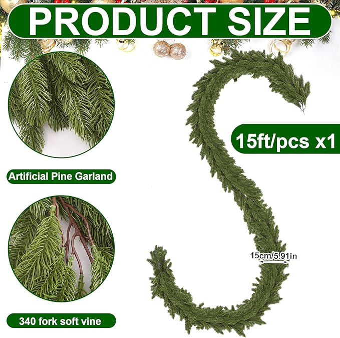 Lyrow 1 Pcs 15 ft Artificial Pine Greenery Garlands Deluxe Faux Thick Real Touch Winter Pine Garland Artificial Greenery Wreath for Table Fireplace Mantle Indoor Outdoor Christmas Decorations