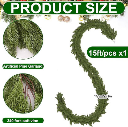 Lyrow 1 Pcs 15 ft Artificial Pine Greenery Garlands Deluxe Faux Thick Real Touch Winter Pine Garland Artificial Greenery Wreath for Table Fireplace Mantle Indoor Outdoor Christmas Decorations