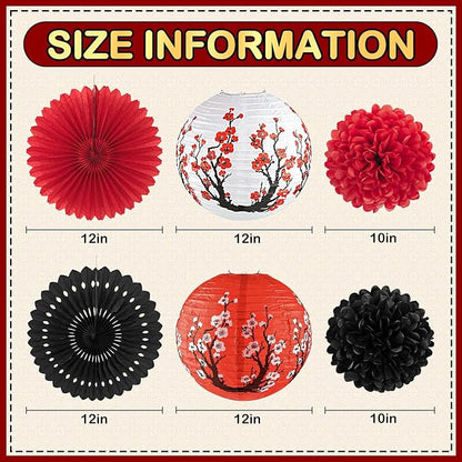 14Pcs Hibachi Party Decorations, Japanese Lanterns with Cherry Blossom Patterns Tissue Paper Pom Poms Round Paper Fans Happy Birthday Banner Set for Hibachi Japanese Party Decorations