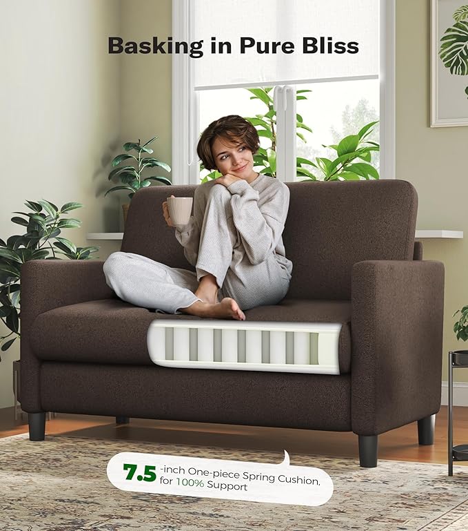 Loveseat Sofa, 51" Love Seat, Comfy Teddy Small Loveseat for Small Spaces, Tool-Free Setup Sofa Couch for Bedroom, All-Wood Couches for Living Room, No Pillow Included, Brown