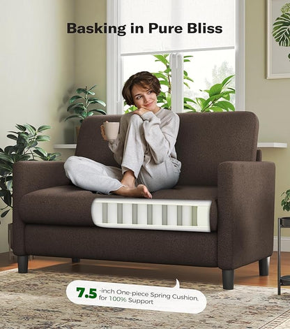 Loveseat Sofa, 51" Love Seat, Comfy Teddy Small Loveseat for Small Spaces, Tool-Free Setup Sofa Couch for Bedroom, All-Wood Couches for Living Room, No Pillow Included, Brown