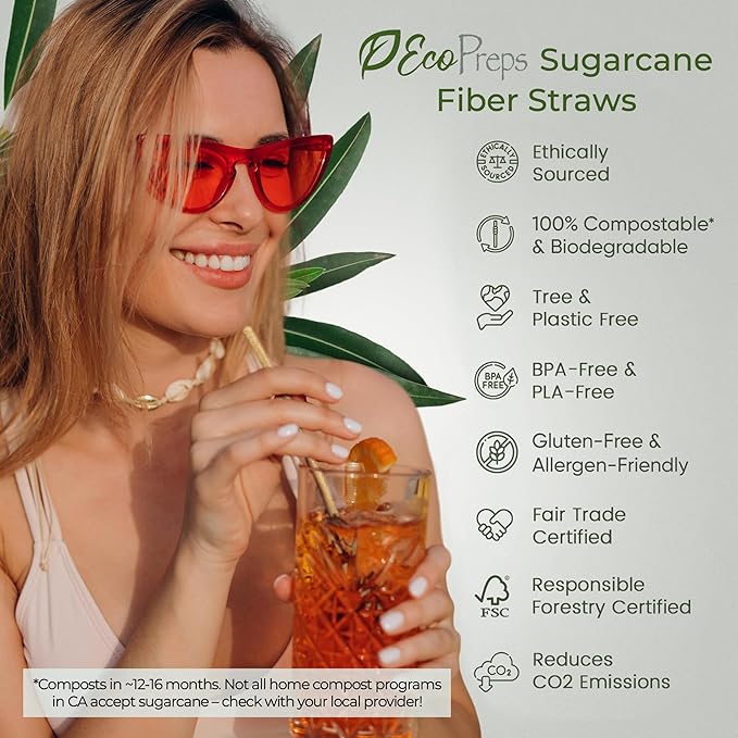 Biodegradable Sugarcane Straws | 150 Count, 100% Compostable, Plastic-Free, & Eco-Friendly Drinking Straw | 7.8'' Sugar Fiber Disposable Straws, Smoothie Straw for Home, Restaurant, Parties