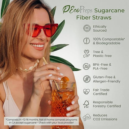 Biodegradable Sugarcane Straws | 150 Count, 100% Compostable, Plastic-Free, & Eco-Friendly Drinking Straw | 7.8'' Sugar Fiber Disposable Straws, Smoothie Straw for Home, Restaurant, Parties