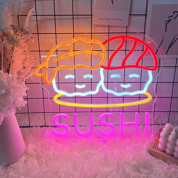Sushi Neon Sign for Wall Decor Led Neon Lights for Business Light Up Sign 15" x 12.6" USB Powered for Home Bar Kitchen Japanese Restaurant Supermarkets Decoration