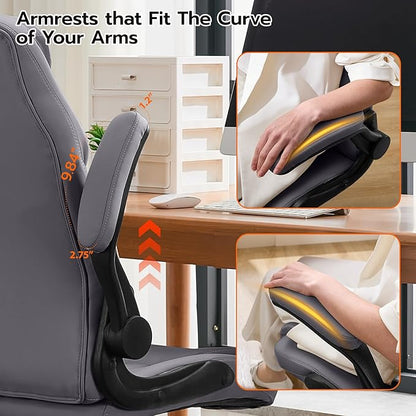 Office Desk Chair, Ergonomic Computer Chair with Padded Flip-Up Arms and Adjustable Lumbar Support, PU Leather Executive Chair with Tilt Lock and 360° Swivel Rolling Wheels for Work, Study