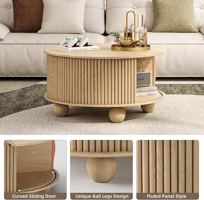 Round Coffee Table with Storage, 31.5" Natural Oak Fluted Drum Center Table, Scandi Japandi Wood Circle Table with Sliding Door & Bun Feet for Living Room