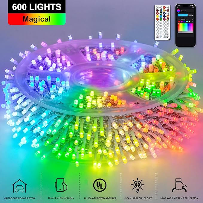 JMEXSUSS 600 LED RGB String Light Outdoor Indoor, Christmas Lights Outdoor Clear Wire Christmas Lights Plug in for Bedroom Tree Room Party Birthday Decorations