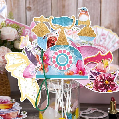 SUNBEAUTY 36 Pcs Tea Party Photo Booth Props - Pink, White, Green - Floral Pattern - Paper Material - Perfect for Parties
