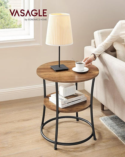 VASAGLE 21.7-Inch Round Side Table, 2-Tier End Table, Nightstand with Steel Frame, Spacious Top, for Small Spaces, Living Room, Bedroom, Honey Brown and Ink Black ULET056B41