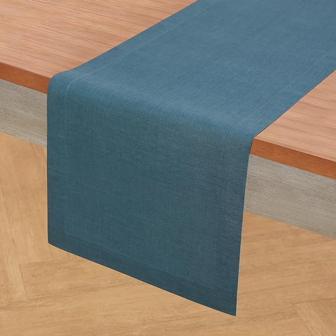 Solino Home Peacock Blue Table Runner 36 Inches - 100% Pure Linen Short Table Runner 14 x 36 Inch Ideal for Dresser and Coffee Tables - Fete