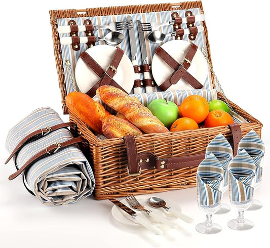 Picnic Basket for 4 Persons with Waterproof Picnic Blanket and Insulated Cooler, Large Wicker Picnic Basket for Camping, Outdoors, Valentine's Day, Christmas, Birthday, Wedding Gift