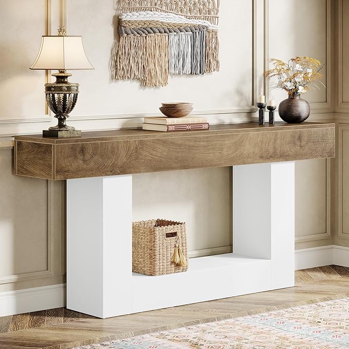 Tribesigns 63" Console Table, Farmhouse 2-Tier Entryway Table with U-Shaped Base, Narrow Long Wood Sofa Table Behind Couch Table for Living Room, Hallway, Foyer, Light Brown & White