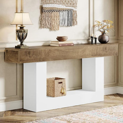 Tribesigns 63" Console Table, Farmhouse 2-Tier Entryway Table with U-Shaped Base, Narrow Long Wood Sofa Table Behind Couch Table for Living Room, Hallway, Foyer, Light Brown & White