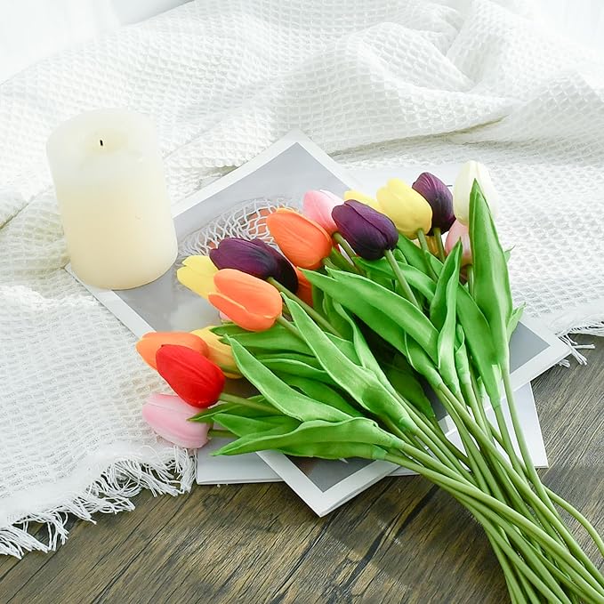 ONLY ART Artificial Multicolor Tulips 20 Pcs – 13.5 Inch PU Faux Flowers with Bendable Stems for Home Décor, Wedding Centerpieces, DIY Floral Arrangements, Table Decorations