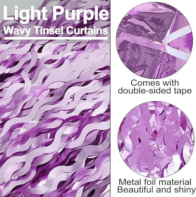4 Pack Light Purple Fringe Curtain Backdrop 3.2Ft x 8.2Ft Metallic Tinsel Foil Fringe Streamers Background for Photo Booth Mother's Day, Easter, Carnival, Birthday, Wedding Party Decoration