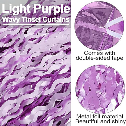 4 Pack Light Purple Fringe Curtain Backdrop 3.2Ft x 8.2Ft Metallic Tinsel Foil Fringe Streamers Background for Photo Booth Mother's Day, Easter, Carnival, Birthday, Wedding Party Decoration