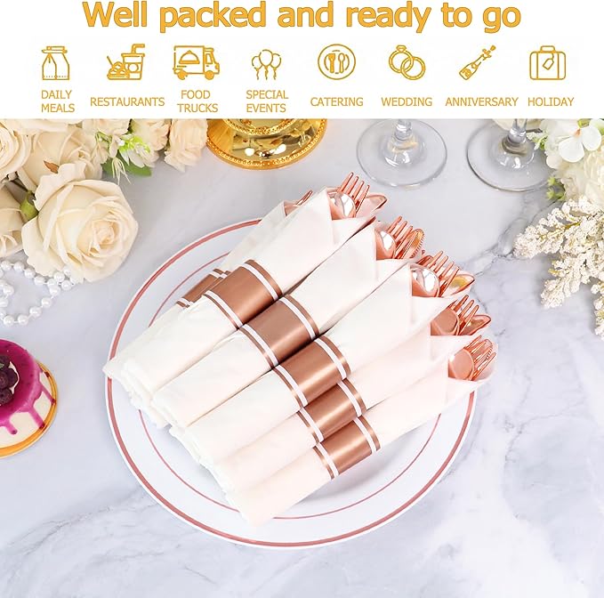 50 Pack Pre Rolled Rose Gold Plastic Silverware Set,Wrapped Plastic Cutlery Set with Napkin Include 50 Forks,50 Spoons,50 Knives and 50 White Napkins for Party,Wedding