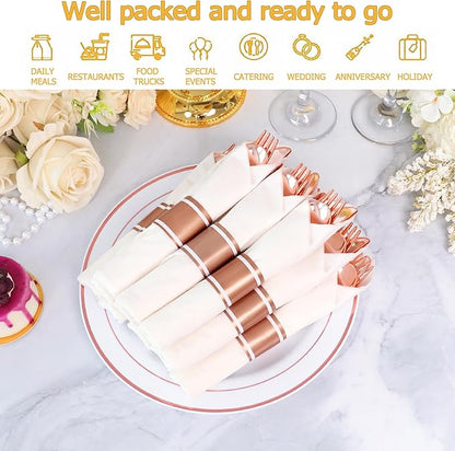 100 Pack Pre Rolled Rose Gold Plastic Silverware Set,Wrapped Plastic Cutlery Set with Napkin Include 100 Forks,100 Spoons,100 Knives and 100 White Napkins for Party, Wedding,showers