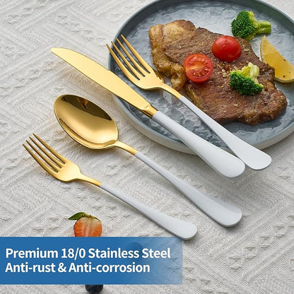 20-Piece White & Gold Silverware Set, 18/0 Stainless Steel Colorful Handle Flatware Set,Service for 4,Modern Cutlery Set Includes Dinner Knives Forks Spoons,Mirror Polished,Dishwasher Safe